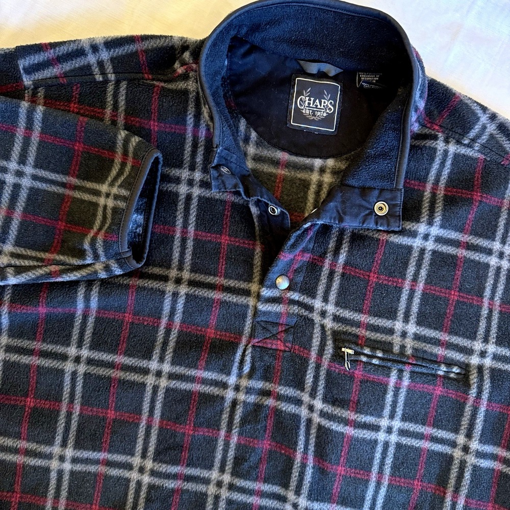 Chaps Cozy Soft Fleece Pullover Jacket Mens‎ XL Plaid 1/4 Snap Up Black Gray Red